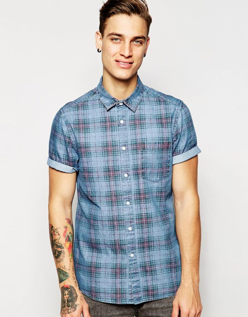 Denim Shirt In Check with Short Sleeves