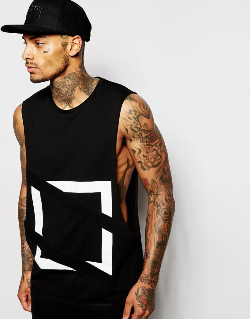 Sleeveless T-Shirt With Extreme Dropped Armholes And Applique